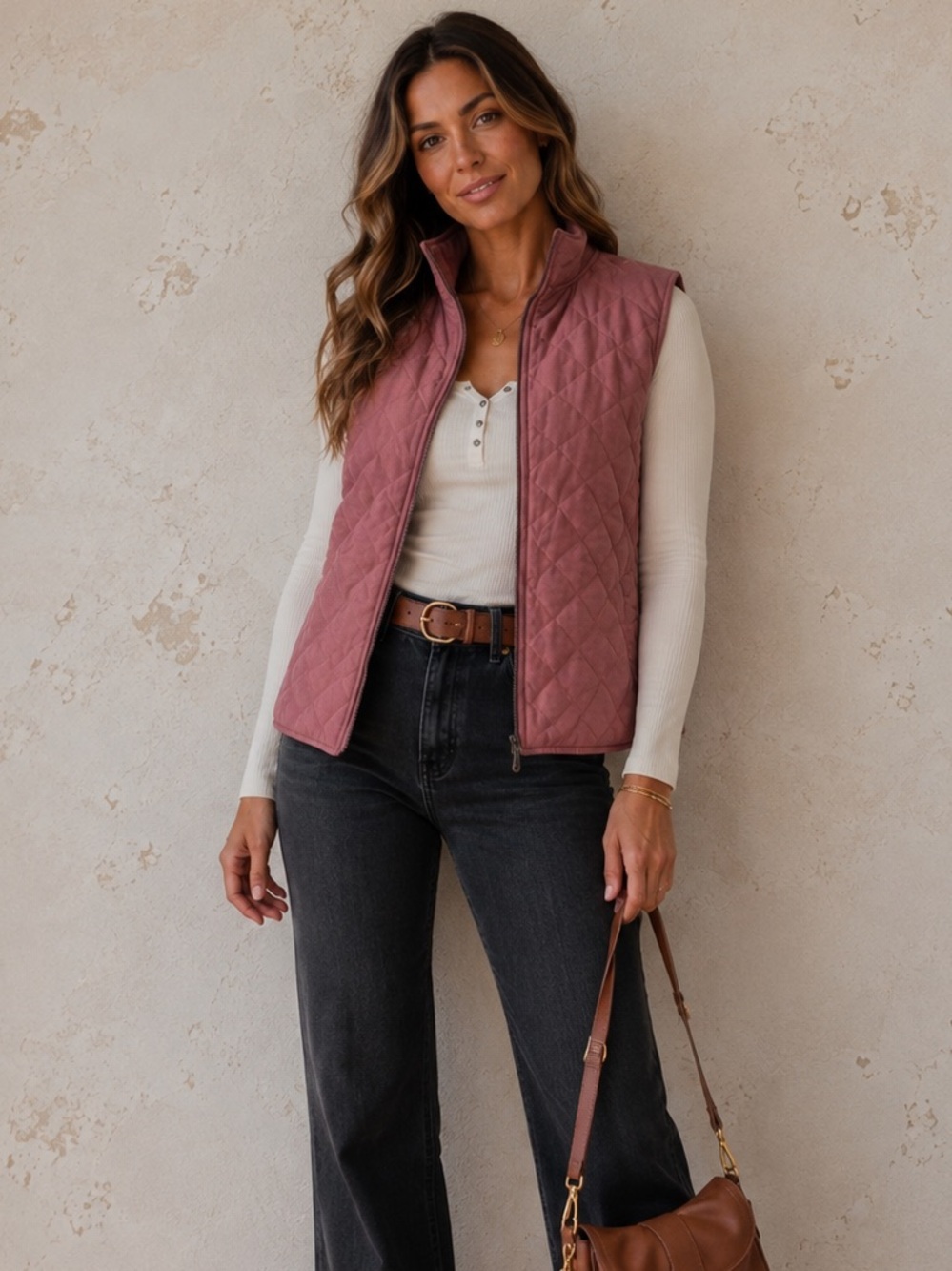 Umgee Dusty Rose Quilted Zip Vest | Cozy Chic Layering Piece | Size S Small